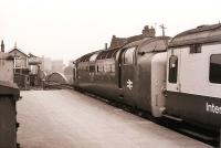 Scene at Selby in August 1980 as Deltic 55017 <I>The Durham Light Infantry</I> prepares to depart with a northbound InterCity service and head for the swing bridge over the River Ouse. This section was subsequently bypassed by ECML services from 1983, when main line trains were switched to a newly commissioned route between Colton and Temple Hirst.<br><br>[Peter Todd 14/08/1980]