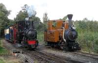 O&K 0-4-0WT 'Montalban' and Hunslet 0-4-0ST 'Irish Mail' bring a train back to Becconsall on the West Lancs Light Railway as visiting 0-4-2T 'Sragi No 1' waits in the headshunt for its next turn on 4 October 2009.<br><br>[John McIntyre 04/10/2009]