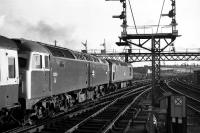 Class 26 no 5341 and Class 47 1530 double head the mid afternoon service to York out of Aberdeen in March 1973. The Class 26 was on a balancing trip as far as Edinburgh.<br><br>[John McIntyre /03/1973]