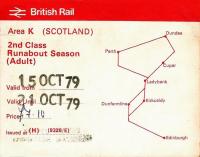 My first rover ticket dated for the October school holiday in 1979 and, according to BR, I was an adult at 16. Class 26s, 27s and corridor coaches on the 0940 to Inverness, and all for a pound a day. <br>
<br><br>[David Panton 15/10/1979]