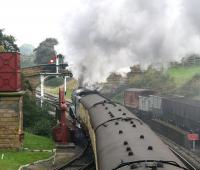 60007 <I>Sir Nigel Gresley</I> takes a Whitby - Pickering train out of Goathland on 14 October 2009.<br><br>[John Furnevel /10/2009]