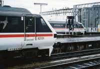 Bright, shiny new DVT's waiting to take London trains South out of Piccadilly, circa 1988. I got this picture printed onto a T-shirt, prompting some smart chap to ask me 'Why DVT's?' The polite answer being, because they were at the right end of the station at the time..<br><br>[Ken Strachan /07/1988]