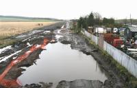 View from the road bridge at the former Forrestfield station on 27 November 2009, looking east along the trackbed towards Bathgate. Some signs of dampness here. [See image 9671]<br>
<br><br>[John Furnevel 27/11/2009]