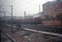 The Muirhouse CCE Sidings viewed from a southbound train. The view looks south-west. These have since been lifted.<br><br>[Ewan Crawford /01/1988]