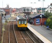 The Northern 1030 Saltburn - Darlington train arrives over West Dyke Road level crossing into Redcar Central station on 13 October 2009.<br>
<br><br>[John Furnevel 13/10/2009]