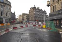 End of the line. Scene at the West End of Princes Street on 8 December 2009, with tram works now on hold for the festive period. For the same view two and a half years later [see image 39218].<br><br>[Bill Roberton 08/12/2009]