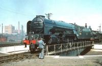 Peppercorn class A1 Pacific no 60126 <I>Sir Vincent Raven</I> on the turntable at Haymarket on 4 July 1959. The locomotive was a resident of Heaton shed at the time and would doubtless be returning home on a southbound ECML service from Waverley later that day.<br>
<br><br>[A Snapper (Courtesy Bruce McCartney) 04/07/1959]