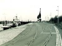 Burntisland East Dock, looking west on 31 March 2002.Later that year<br>
the familiar Bulkhandling 5 no longer had a reason to visit the dock as the Burntisland alumina plant closed.Shortly after that the (clearly) redundant lines in the foreground were largely tarred over when the area became a temporary road.Next those anthropomorphic cranes were cut up in the summer of 2009 after several years as a de facto pigeon loft.Later in 2009 the junction from the main line to the docks was finally severed after years of disuse, bringing to an end the sound of clattering trains to Burntisland Links. <br>
<br><br>[David Panton 31/05/2002]