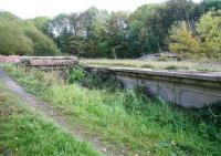 Standing on the trackbed alongside platform 4 at Filey Camp in October 2009 looking over part of the large concourse. On summer Saturdays this area would be a hive of activity with Butlins <I>road-trains</I> shuttling holiday-makers between the station and the camp for much of the day. Rubble from the only <I>station building</I> as such, a single storey affair, can be seen in the left background. Beyond this building was the main link between the station and the camp itself, a large private subway running under the A165 used by the Butlins <I>road-trains</I>.   <br>
<br><br>[John Furnevel 11/10/2009]