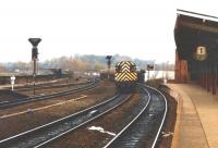 08525 running east through Wakefield Kirkgate station on 27 March 1992 with a long rake of bogie oil tanks.<br><br>[David Pesterfield 27/03/1992]