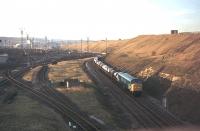 The flanks of Peak 45002 are lit by the setting sun as it threads a freight past Tinsley Yard.  At that time the yard was still busy and this picture makes an interesting comparison with later photos taken after closure.[See image 12572]<br><br>[Mark Bartlett 26/11/1979]