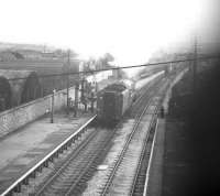 A4 Pacific no 4498 <I>Sir Nigel Gresley</I>, about to leave the former main line platforms at Carnforth in May 1967 heading for Carlisle following a visit to Crewe works. [Former Railscot mystery image - with belated thanks to Messrs Hillier, Morgan & Mackie] <br><br>[David Spaven /05/1967]