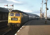 The inaugural <I>Clansman</I> service from London Euston pulls into Platform 2 at Inverness in the summer of 1974, the first day of the summer timetable following completion of WCML electrification. <br><br>[Frank Spaven Collection (Courtesy David Spaven) //1974]