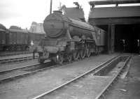 Gresley A3 Pacific no 60099 <I>Call Boy</I> photographed on shed at Dundee Tay Bridge (62B), thought to have been taken around 1959. Dundee's Queen's Hotel stands on Nethergate in the background.<br><br>[Robin Barbour Collection (Courtesy Bruce McCartney) //1959]