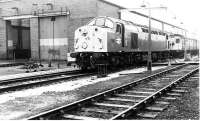 Class 40 221 <I>Ivernia</I>, still proudly displaying nameplates, although probably not for much longer, stands outside Reddish depot with one of the Manchester-Glossop-Hadfield Class 506 EMUs behind. Although the shed allocation at Reddish consisted mainly of Manchester-Sheffield-Wath Class 76 electric locomotives the depot had a wheel lathe and so there was always a variety of motive power to be seen here.  <br><br>[Mark Bartlett //1971]