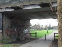 The station site at Lancaster Green Ayre, closed in 1966, is marked by an old crane in the riverside park.  The overbridge carries the main roads from Morecambe and the north over the River Lune and the trackbed and marks the start of the cycleway to Halton and Caton.<br><br>[Mark Bartlett 31/12/2009]