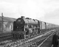 46115 <I>Scots Guardsman</I> brings the 10-coach RCTS <I>Rebuilt Scot Commemorative Railtour</I> into Carlisle on 13 February 1965. The special had started from Crewe and travelled via Blackburn, Hellifield and the S&C <br><br>[Robin Barbour Collection (Courtesy Bruce McCartney) 13/02/1965]