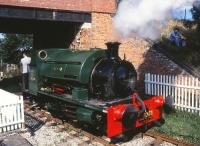 Smart looking 0-4-0ST <I>Merlin</I> operating on the Swindon & Cricklade Railway in July 1990. <br><br>[Peter Todd 29/07/1990]