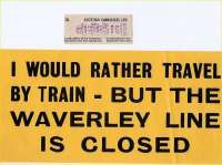 The bus ticket I purchased (9/3d ...or approx 46p) on 6 January 1969 to get me back to Edinburgh and the start of the new term at Moray House - together with a Waverley route post-closure protest sticker (with thanks to Madge Elliot).<br>
<br><br>[Bruce McCartney 06/01/1969]