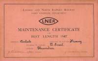 LNER maintenance certificate presented to T Smail in 1947.<br><br>[Bruce McCartney //1947]
