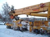 Carrbridge clearup 1. Heavy lifting equipment at Carrbridge, having arrived from Aberdeen on 7 January 2010.<br><br>[Gus Carnegie 07/01/2010]