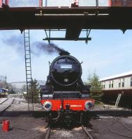 Preserved Stanier Black 5 no 44767 (fitted with Stephenson valve gear) stands at Carnforth on 29 April 1984. <br><br>[Peter Todd 29/04/1984]