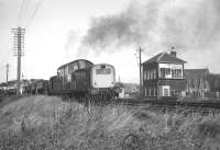 A Clayton shunts opposite Dunbar East signal box in 1969. <br><br>[David Spaven //1969]