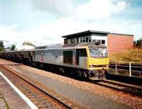 Transrail 60 082 passes Dumfries box heading south with a coal train in October 1997<br><br>[David Panton /10/1997]