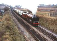 Stanier Coronation Pacific no46229 <I>Duchess of Hamilton</I> northbound out of Hereford with the <I>Welsh Marches Pullman</I> on 6 November 1982.<br><br>[Peter Todd 06/11/1982]