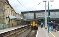 The north end bays at Carlisle, platforms 7 & 8, with a First ScotRail Class 156 waiting to depart to Glasgow Central via Dumfries and Kilmarnock on 9 May 2009.<br><br>[John McIntyre 09/05/2009]