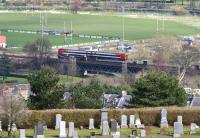 A South West Trains liveried 158 heads south across the Forth at Stirling on 15 April 2008 on a route familiarisation trip from Alloa prior to the official reopening of the line. The train is on the easterly (NB) of the two parallel viaducts that cross the Forth here, the nearest (Caley) carrying the main line south from Bridge of Allan. Part of the great loop in the river, spanned by the viaducts at this point, can also be seen running across the top of the photograph, just beyond the perimeter of Stirling County rugby club.<br><br>[John Furnevel 15/04/2008]