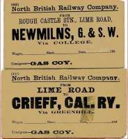 Wagon labels from the 1890s covering consignments from the former North British goods station at Rough Castle, Falkirk.<br><br>[Colin Miller //]