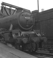 45721 <I>Impregnable</I> at the north end of Carstairs station. The Jubilee is carrying an 8K, Bank Hall, shed plate which would suggest it is in charge of a Liverpool - Glasgow train. The year is thought to be 1965, with the locomotive having been allocated to Bank Hall shed earlier that year and finally withdrawn from there the following October.<br><br>[K A Gray //1965]