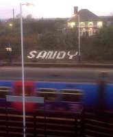 Flowers are a bit labour intensive these days, but white bricks came in handy at Sandy. The EMU rushing past in the foreground is London-bound.<br><br>[Ken Strachan 22/01/2010]