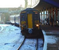 A four car 156 First ScotRail service bound for Glasgow Central about to pull away from Dumfries on a freezing 8 January 2010.<br><br>[Brian Smith 08/01/2010]