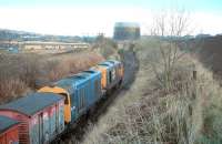 20137+20119 with a train from RNAD Crombie approaching Charlestown Junction in 1991, with the formerly rail-served gas works in the background.<br>
<br><br>[Bill Roberton //1991]