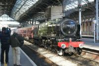 <I>You're on a charge!</I> 46115 'Scots Guardsman' is 'marched' back to Carnforth in disgrace after failing at Preston on 'The Cotton Mill Express' on 30 January 2010. In reality WCRC sent 47760 to tow the train home after it was terminated at Preston on the outward leg of the railtour [see image 27439]. On the left of the photograph is a film crew who had been filming the historian Dan Cruickshank. It appears that he had been due to travel on the train and cameras had been mounted on the locomotive. Presumably there is a programme coming to our TV screens later this year. <br><br>[John McIntyre 30/01/2010]