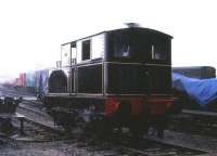 Sentinel 0-4-0 no 6515 of 1926 in operation at the Buckinghamshire Railway Centre, Quainton Road, on a very wet day in April 1986.<br><br>[Peter Todd 01/04/1986]