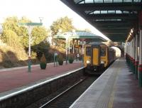 A Lancaster to Carlisle (via Barrow) service, with 156459, calls at Ulverston. The unusual layout can be seen with signs for Platforms 1 and 3 but Platform 2 not identified or used any more. The island is accessed via a subway.<br><br>[Mark Bartlett 30/01/2010]