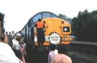 One of two round trips from Perth made by the Angus Railway Group <I>Forfar Farewell</I> railtour of 5 June 1982, photographed on arrival at Forfar behind 40143.<br>
<br><br>[Bruce McCartney 05/06/1982]