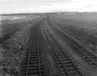 Fraserburgh from the Links Road bridge looking south, a month after final closure. The two roads on the right latterly formed the loop, but were the St. Combs (middle) and Aberdeen (right) lines when passenger services operated. The foundations of the signal box can be seen at the bottom left. <br>
The line remained in this limbo state only for a few months and track lifting commenced in early 1980. This part of the railway is now occupied by the Harbour Access Road, completed in 1987.<br><br>[John Williamson 02/11/1979]