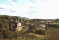 View south at Pinwherry in 1977 with the old station building on the left. Pinwherry was closed to passengers in September 1965.<br><br>[Frank Spaven Collection (Courtesy David Spaven) //1977]