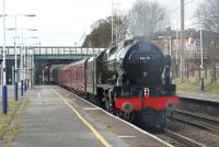 <I>Scots Guardsman</I> is hauled back to Carnforth through Leyland on 13 February 2010 after problems on the rerun (from 30 January 2010) of the Cotton Mill Express. [The second failure of 46115 in a fortnight is very sad. Although I wasn't able to travel on the rerun today I feel for WCRC, RTC (the tour operator) and in particular for all those who were looking forward to an enjoyable day out and have again been left disappointed.] <br>
<br>
<br><br>[John McIntyre 13/02/2010]