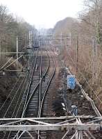 View looking west away from Airdrie station. Looks like there have been some preparations for re-doubling the line in connection with the Airdrie-Bathgate re-opening.<br><br>[Ewan Crawford 17/02/2010]