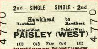 A single ticket from Hawkhead to Paisley West - a bargain at 8d! Ticket is dated Saturday 12 February 1966, the last day of passenger services at both stations, with official closure taking place on Monday 14th.<br><br>[Colin Miller 15/04/2007]