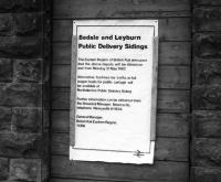 The closure notice has been posted, for the goods sidings at Bedale and Leyburn and is seen here in the last week before withdrawal in 1982. Although Leyburn yard was empty on this date that at Bedale had a considerable amount of traffic even in its last week [See image 19393]. Thankfully the line itself remained open for Redmire limestone (and military) traffic long enough to take it into the preservation era as the Wensleydale Railway. <br><br>[Mark Bartlett 27/05/1982]