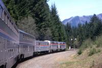 Headed by two 'Genesis' locomotives, Amtrak's <I>Coast Starlight</I> climbs into the mountains between Oakland, California and Portland, Oregon in the spring of 2000. The photographer seemed to have particularly long arms then.<br><br>[David Spaven //2000]