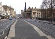 Between the lines... the newly constructed tram stop at 'The Mound' seen looking east along Edinburgh's Princes Street on 23 February 2010.<br><br>[Bill Roberton 23/02/2010]