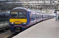 322 485 arriving from North Berwick at Edinburgh Waverley on 23 February 2010.The 322s are to replaced next Spring by new class 380 units.<br>
<br>
<br><br>[Bill Roberton 23/02/2010]