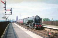 A2 Pacific 60527 <I>Sun Chariot</I> brings the 12.40 Aberdeen - Edinburgh train off the Forth Bridge and through Dalmeny station in the summer of 1959.<br><br>[A Snapper (Courtesy Bruce McCartney) 08/08/1959]